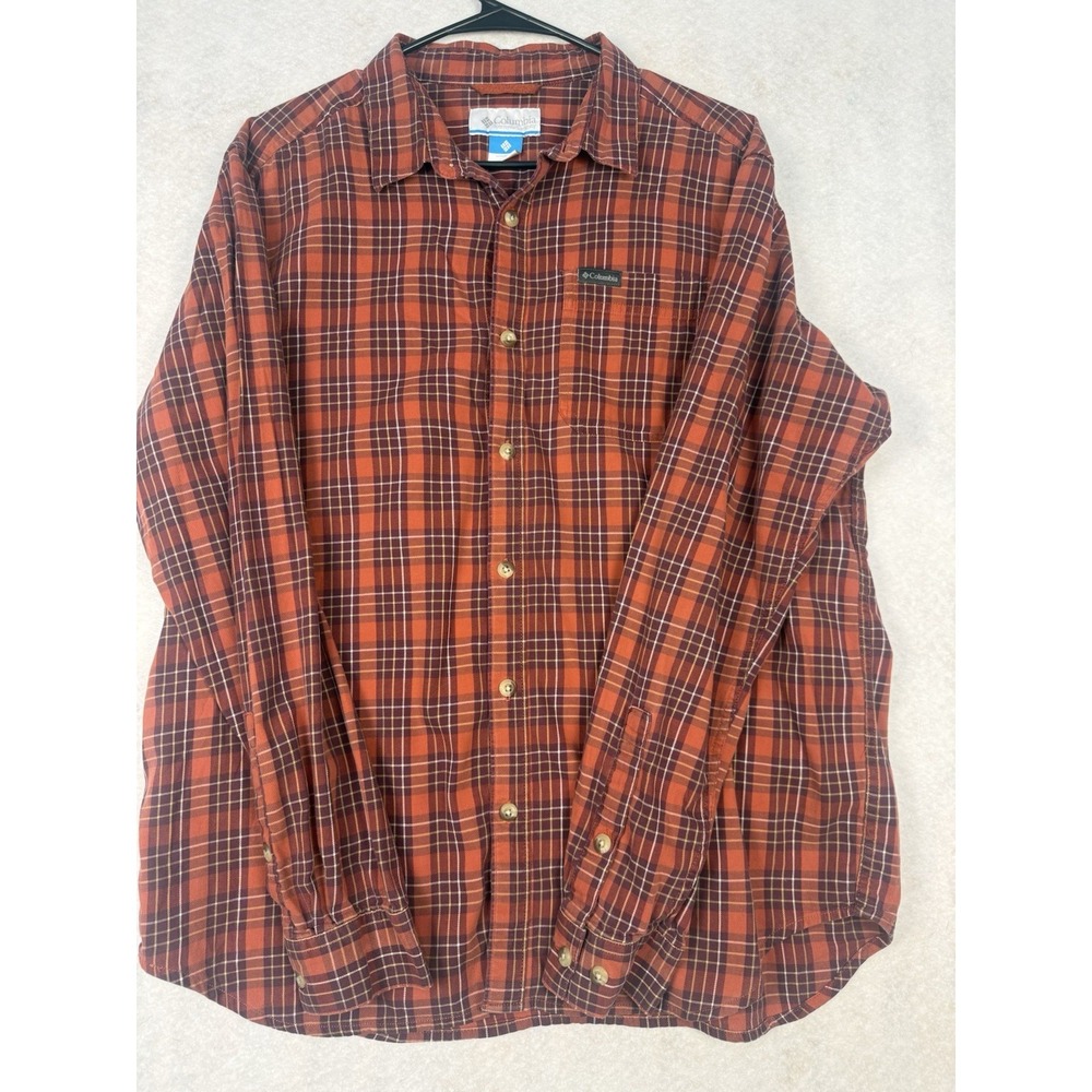Columbia Sportswear Men's Large Plaid Long Sleeve Button-Up Shirt Rust Brown